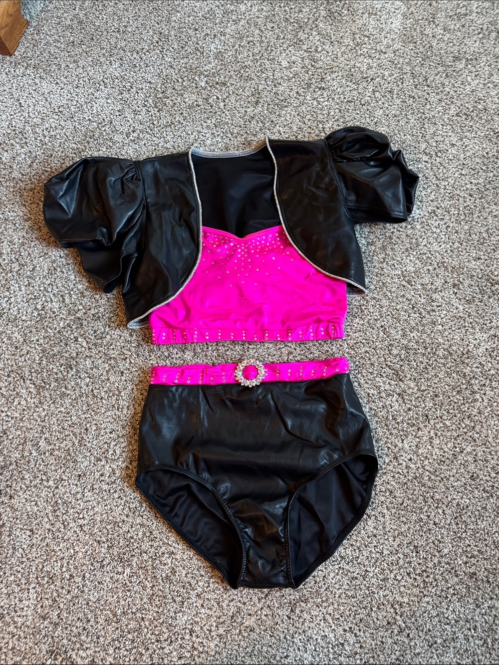 Weissman style 17581 Black pleather and Hot Pink Two-Piece with puff sleeves